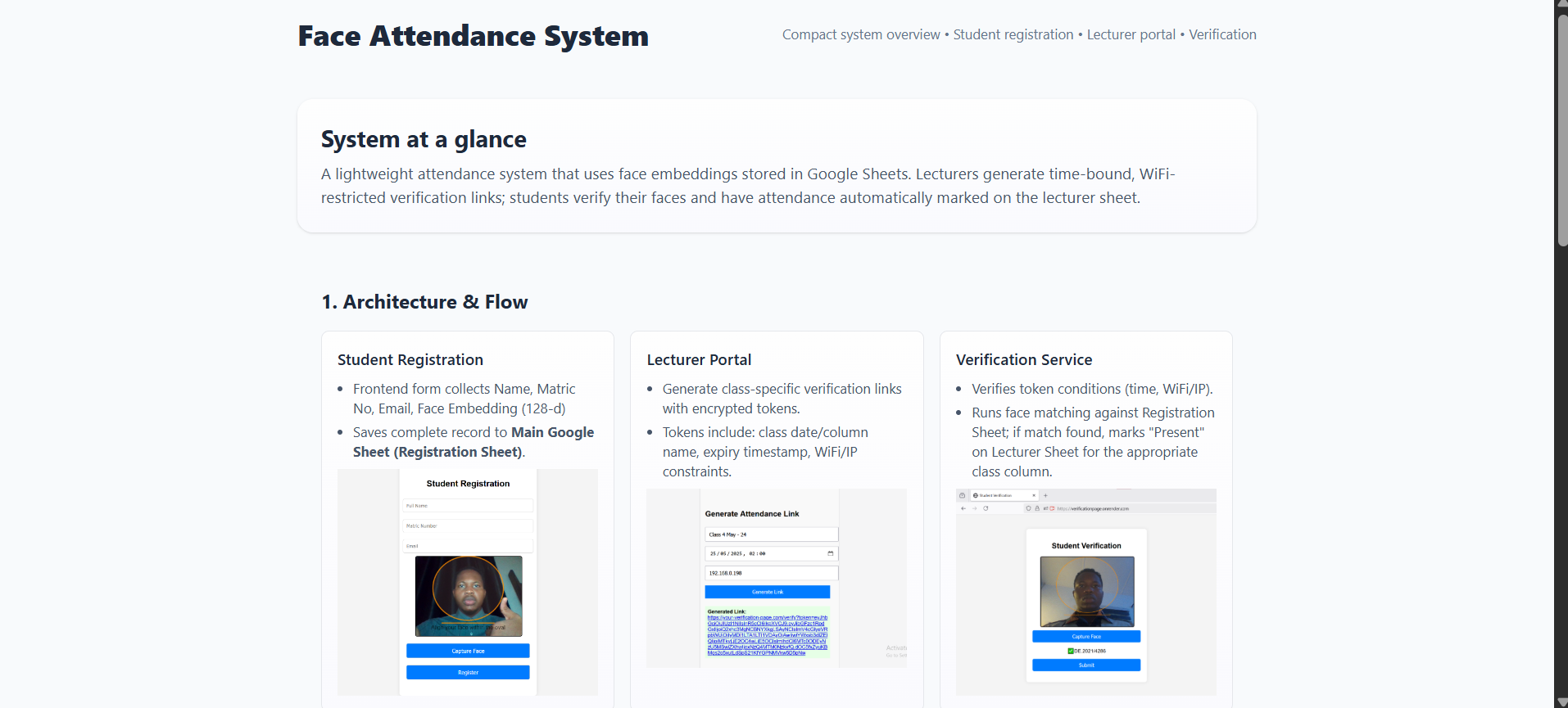 Face Attendance System — project screenshot (face recognition, Node.js, Google Sheets)
